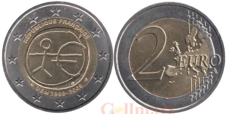  Франция. 2 евро 2009 год. 10 лет монетарной политики ЕС (EMU) и введения евро. 