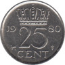  Нидерланды. 25 центов 1980 год. Королева Юлиана. 