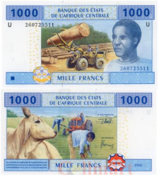 Бона. Центральная Африка, Камерун (литера U) 1000 франков 2002 год. Лесозаготовка. (Пресс)