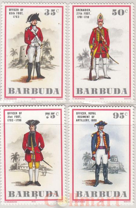  Набор марок. Барбуда. Старая военная форма. 4 марки. 