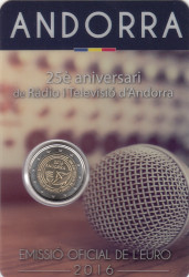Андорра. 2 евро 2016 год. 25 лет Радио и телевидению Андорры. (в блистере)
