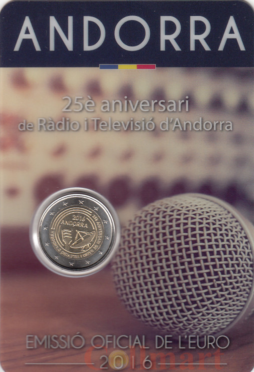  Андорра. 2 евро 2016 год. 25 лет Радио и телевидению Андорры. (в блистере) 