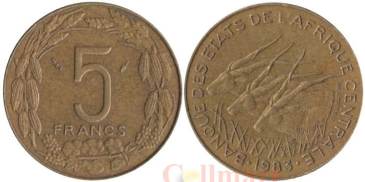  Центральная Африка (BEAC). 5 франков 1983 год. Антилопы. 
