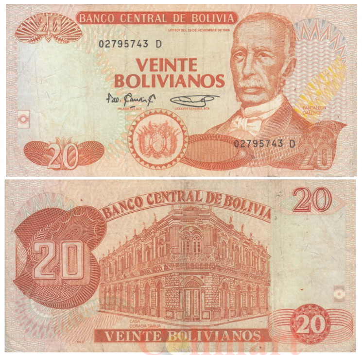  Бона. Боливия 20 боливиано 1986 год. Панталеон Даленс. (F) 