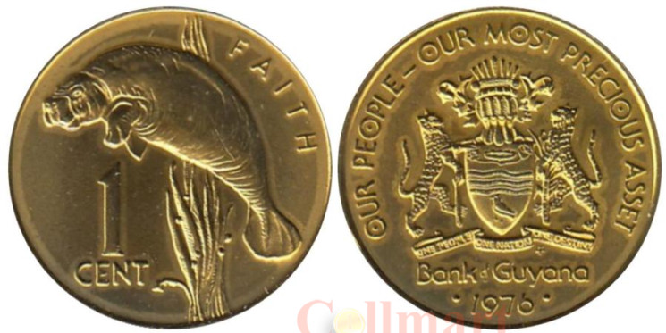  Гайана. 1 цент 1976 год. Ламантин. (герб на аверсе) 