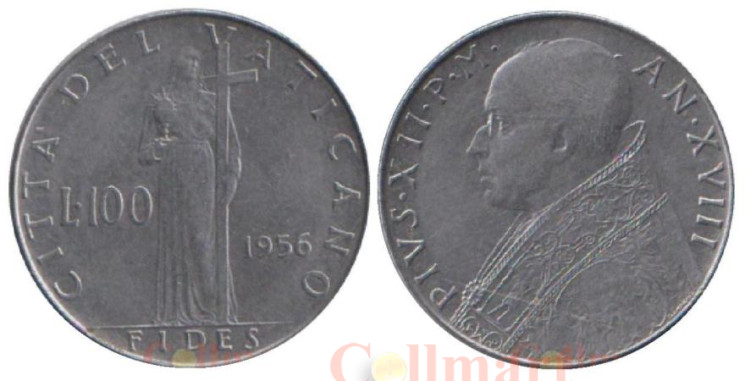  Ватикан. 100 лир 1956 год. Богиня Фидес. 