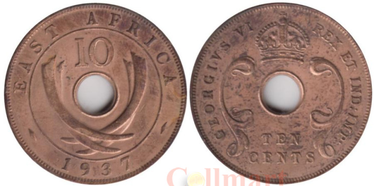  Британская Восточная Африка. 10 центов 1937 год. Король Георг VI. (KN) 