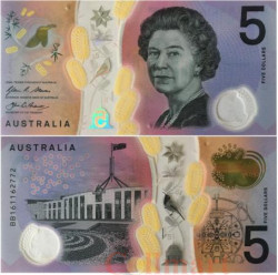 Бона. Австралия 5 долларов 2016 год. Цветы акации и птица Восточный шилоклювый медосос. (Пресс)