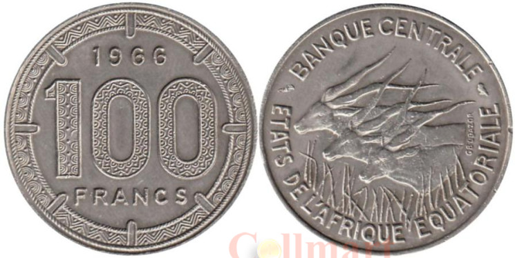  Экваториальная Африка. 100 франков 1966 год. Антилопы. 