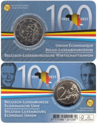 Бельгия. 2 евро 2021 год. 100 лет Бельгийско-Люксембургскому экономическому союзу. (в открытке c надписью на французском языке - Belgique)