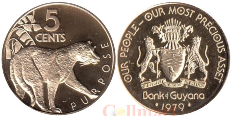  Гайана. 5 центов 1979 год. Ягуар. (герб на аверсе) 