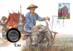 Лаос. 10 кипов 1988 год. Парусник - Ройял Клипер. (почтовый конверт с маркой)