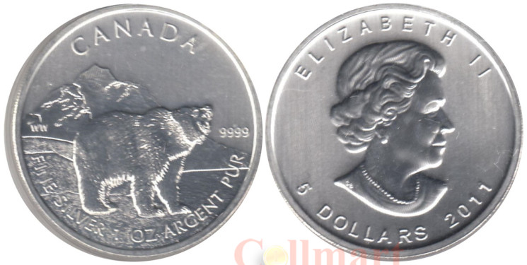  Канада. 5 долларов 2011 год. Медведь гризли. 