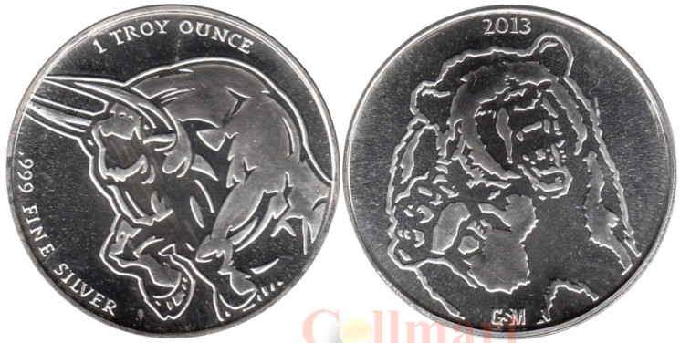  США. Монетовидный жетон. 1 тройская унция 2013 год. Бык и Гризли. 