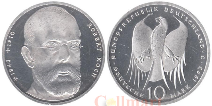 Германия (ФРГ). 10 марок 1993 год. 150 лет со дня рождения Роберта Коха. (Proof) 