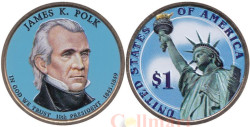 США. 1 доллар 2009 год. 11-й президент Джеймс Нокс Полк (1845-1849). цветное покрытие.