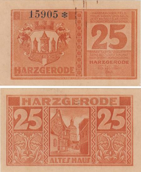  Бона. Германия. Харцгероде 25 пфеннигов 1921 год. Старые дома. Нотгельд оранжевый. (XF) 