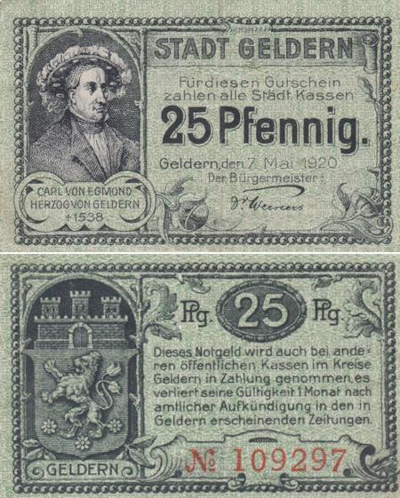  Бона. Германия. Гельдерн 25 пфеннигов 1920 год. Нотгельд. (VF) 