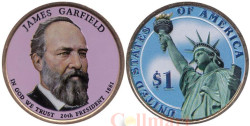 США. 1 доллар 2011 год. 20-й президент Джеймс Гарфилд (1881). цветное покрытие.