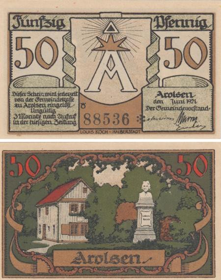  Бона. Германия. Бад-Арользен 50 пфеннигов 1921 год. Нотгельд. (XF) 