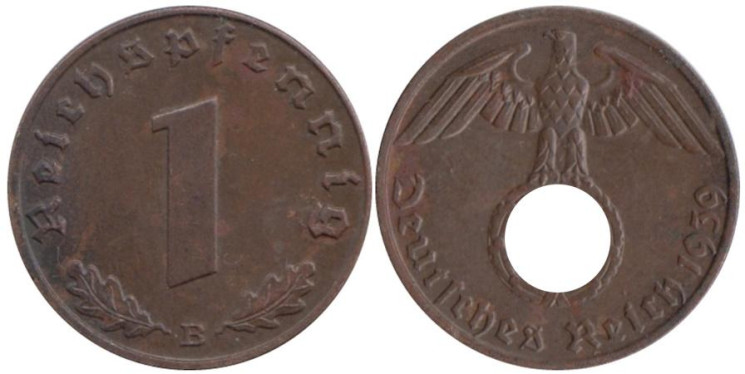  Германия - Третий рейх. 1 рейхспфенниг 1939 год. (B) 