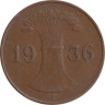  Веймарская республика. 1 рейхспфенниг 1936 год. (J) 