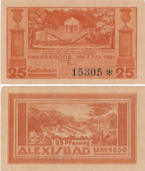 Бона. Германия. Харцгероде 25 пфеннигов 1921 год. Алексисбад. Нотгельд оранжевый. (VF)