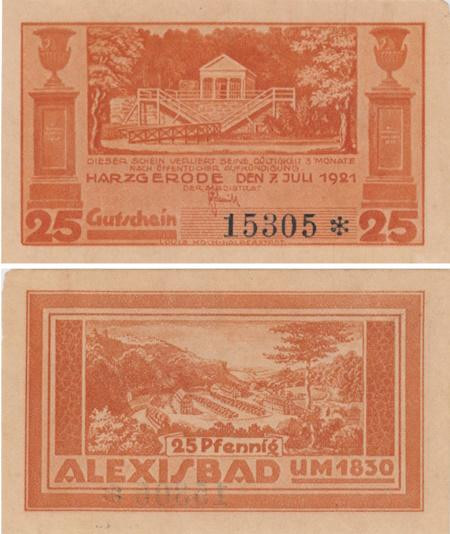  Бона. Германия. Харцгероде 25 пфеннигов 1921 год. Алексисбад. Нотгельд оранжевый. (VF) 