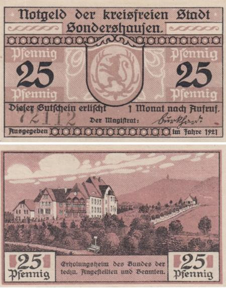  Бона. Германия. Зондерсхаузен 25 пфеннигов 1921 год. Нотгельд. (XF) 
