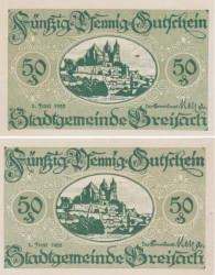 Бона. Германия. Брайзах-ам-Райн 50 пфеннигов 1920 год. Нотгельд зеленый. (XF)