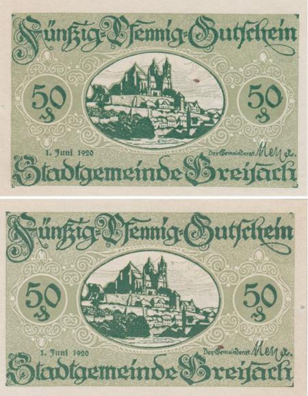  Бона. Германия. Брайзах-ам-Райн 50 пфеннигов 1920 год. Нотгельд зеленый. (XF) 