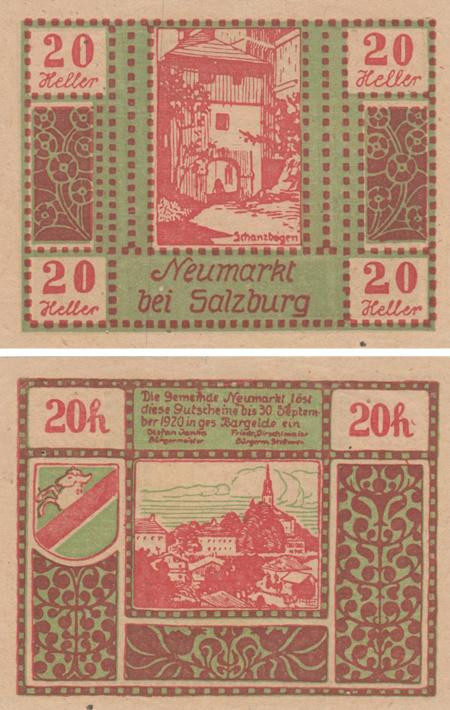  Бона. Австрия. Ноймаркт-ам-Валлерзе 20 геллеров 1920 год. Нотгельд. (XF) 