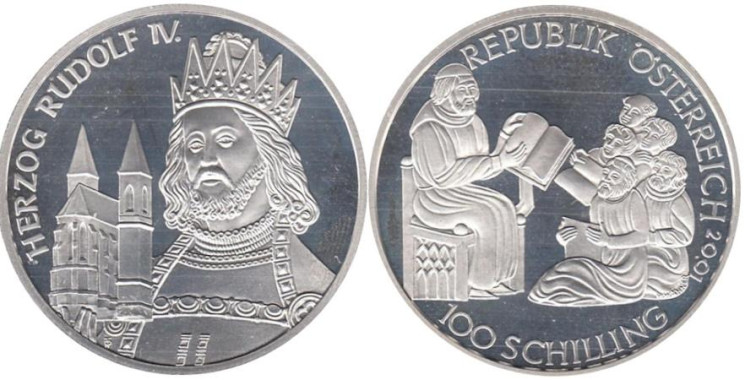  Австрия. 100 шиллингов 2001 год. Герцог Рудольф IV. 