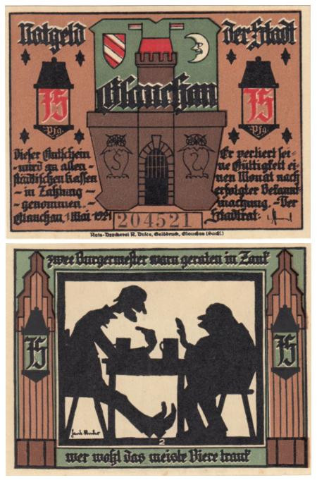  Бона. Германия. Глаухау 75 пфеннигов 1921 год. Пивная военная серия (Май, Вар. 2). Нотгельд. (XF) 