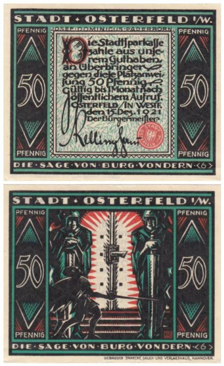  Бона. Германия. Остерфельд 50 пфеннигов 1921 год. Сказание о замке Вондерн. Вар. 6 (рыцари у ворот). Нотгельд. (XF) 
