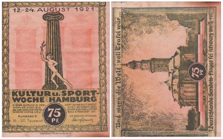  Бона. Германия. Гамбург 75 пфеннигов 1921 год. Неделя культуры и спорта. Нотгельд. (VF) 