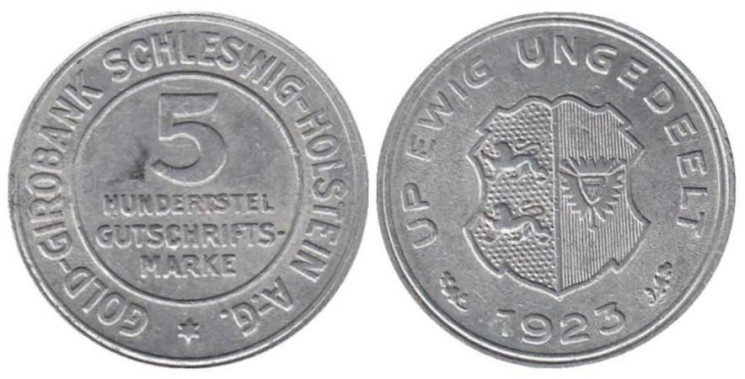 Германия. Шлезвиг-Гольштейн. 5/100 марок 1923 год. Нотгельд. 