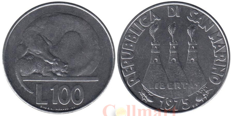  Сан-Марино. 100 лир 1975 год. Кошка и собака. 