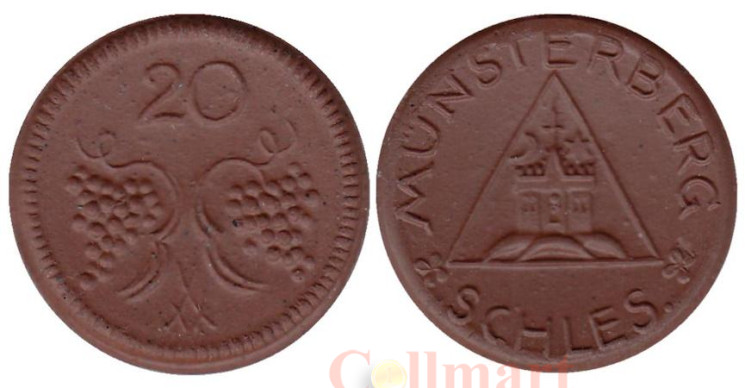  Германия. Мюнстерберг. 20 пфеннигов 1920 год. Две виноградные лозы. Нотгельд, керамика. 