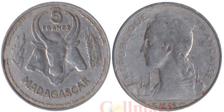  Мадагаскар. 5 франков 1953 год. Буйволы. 