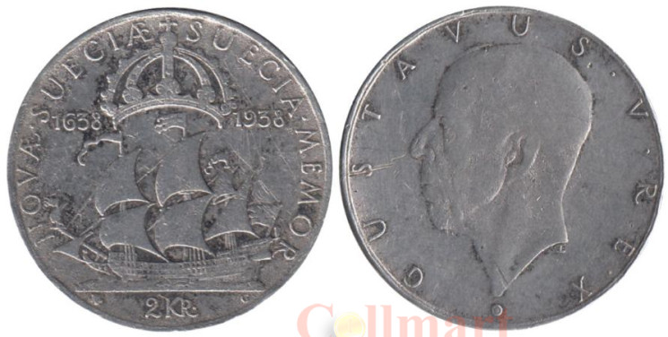  Швеция. 2 кроны 1938 год. 300 лет поселению Делавэр. 