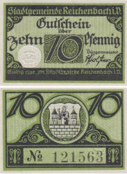 Бона. Германия. Райхенбах-им-Фогтланд 10 пфеннигов 1919 год. Нотгельд. (XF)