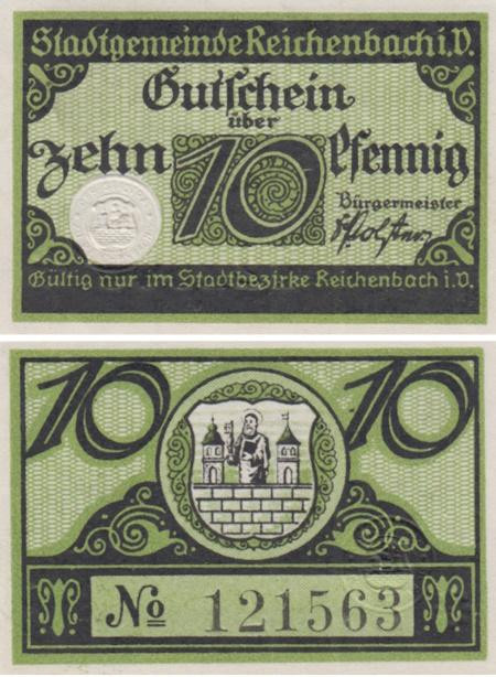  Бона. Германия. Райхенбах-им-Фогтланд 10 пфеннигов 1919 год. Нотгельд. (XF) 