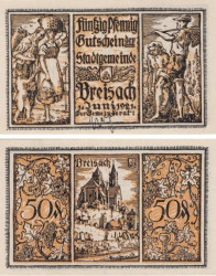 Бона. Германия. Брайзах-ам-Райн 50 пфеннигов 1921 год. Сбор урожая. Нотгельд. (XF)