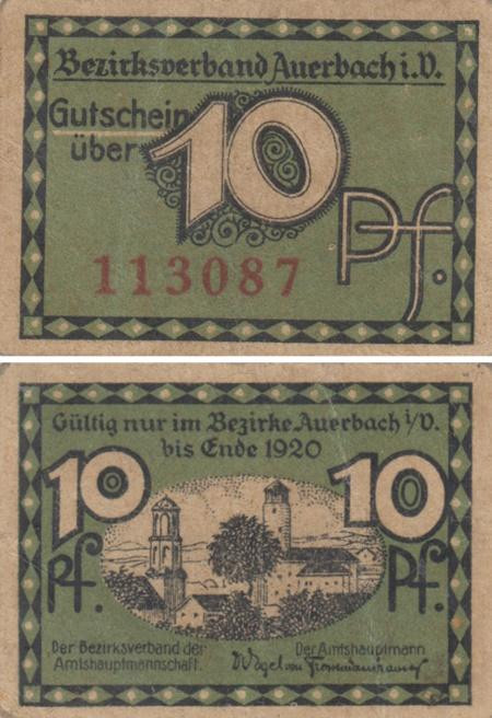  Бона. Германия. Ауэрбах 10 пфеннигов 1920 год. Нотгельд. (VF) 