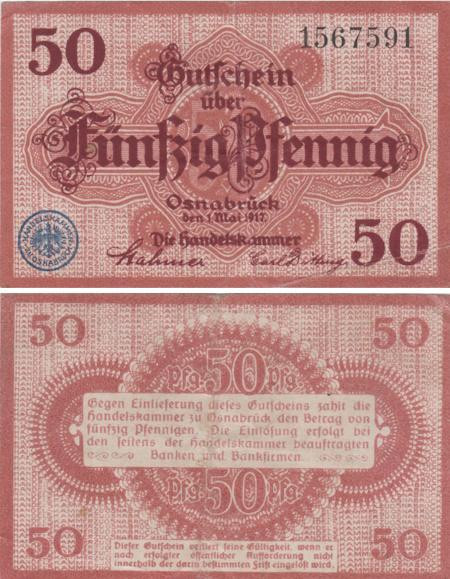  Бона. Германия. Оснабрюк 50 пфеннигов 1917 год. Нотгельд. (VF) 
