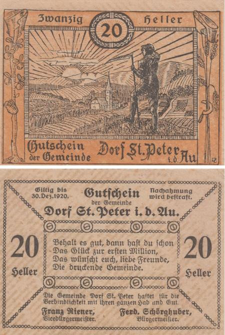  Бона. Австрия. Санкт-Петер-ин-дер-Ау 20 геллеров 1920 год. Нотгельд. (XF) 