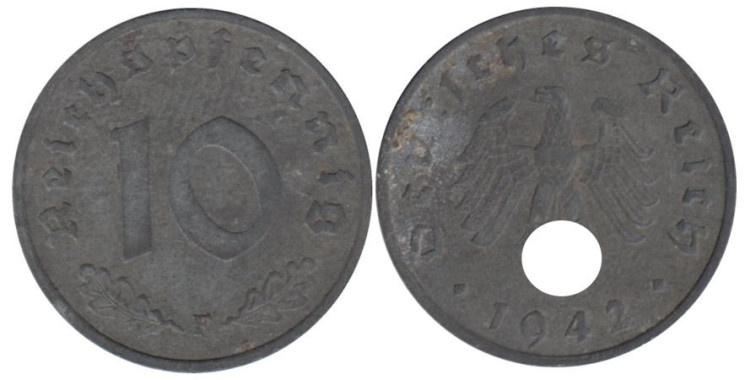  Германия - Третий рейх. 10 рейхспфеннигов 1942 год. (F) 