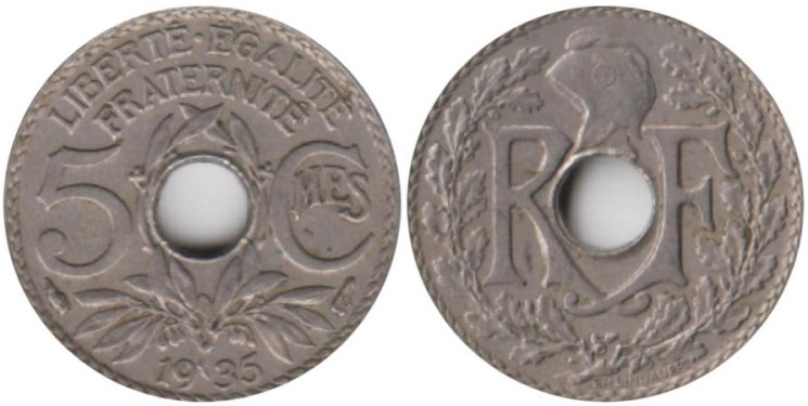  Франция. 5 сантимов 1935 год. Фригийский колпак. 