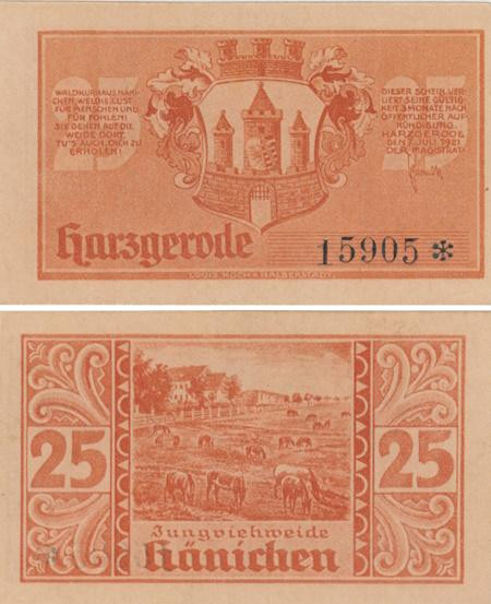  Бона. Германия. Харцгероде 25 пфеннигов 1921 год. Лошади. Нотгельд оранжевый. (XF) 